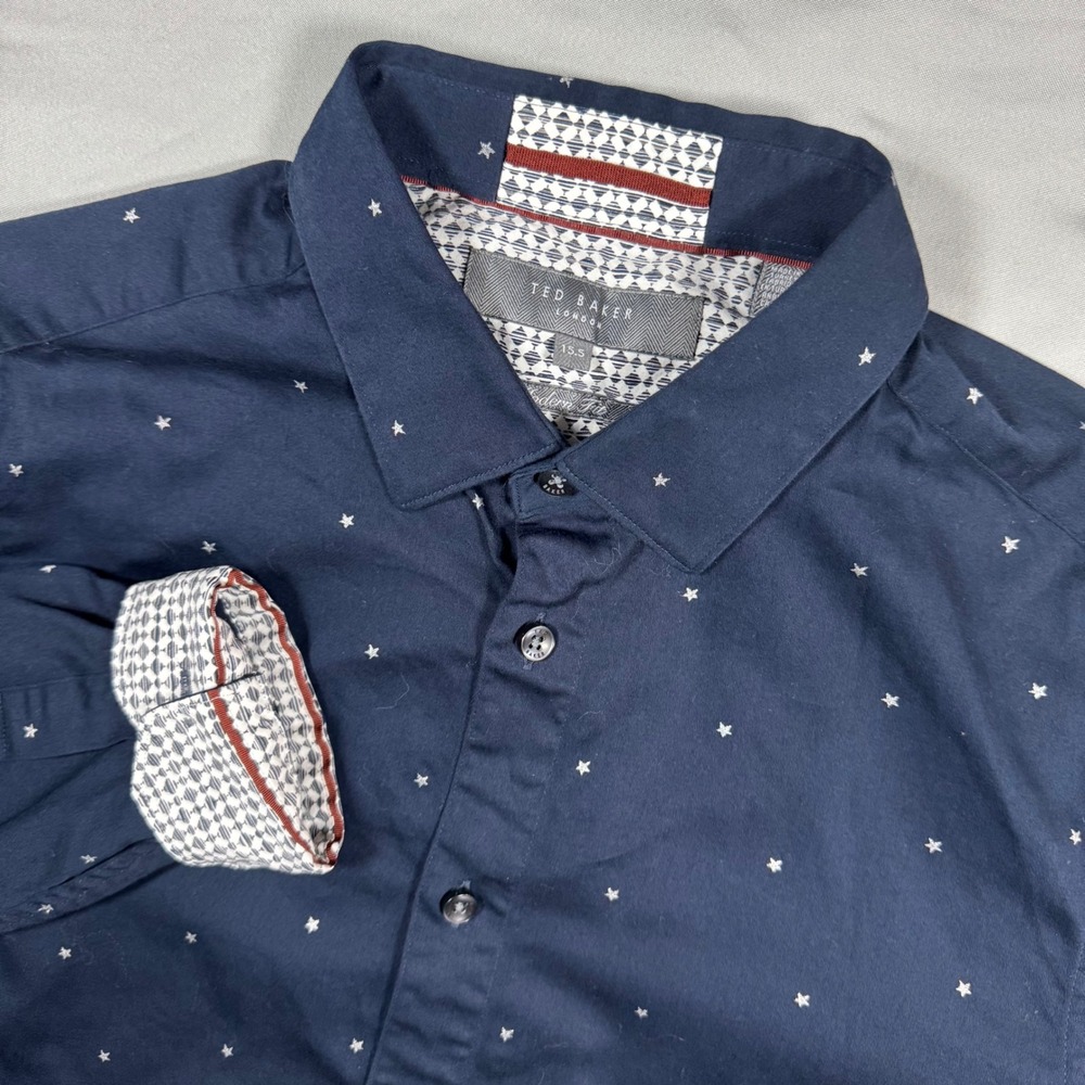 Ted Baker London Modern Fit Long Sleeve Men's 15.5 Navy Star AOP Button Down